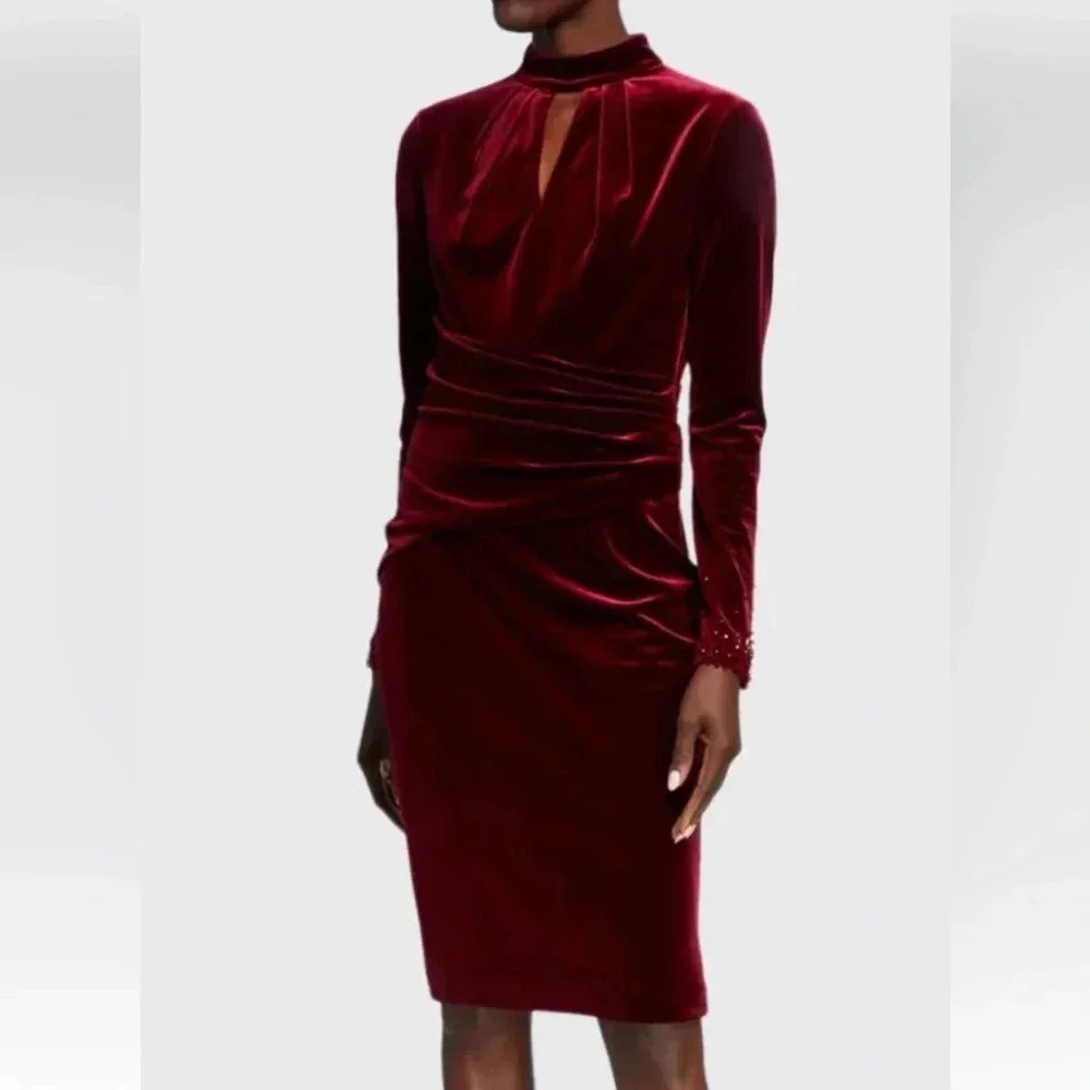 RICKIE FREEMAN FOR TERI JON Mock-Neck Long-Sleeve Stretch Velvet Dress Bead Trim